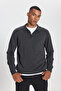 Men's Anthracite-Melange Cotton Standard Fit Regular Cut Polo Collar Knitwear Sweater