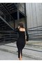 Women's Black Sandy Fabric Heart Collar Slit Detailed Midi Dress Wedding Engagement Graduation Dress - 5
