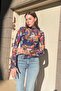 Blue Eyes Patterned Spanish Sleeve Tulle Transparent Women's Crop Blouse - 2