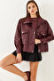 Women's Burgundy Leather Jacket with Double Large Pockets 30601018