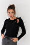 Women's Black Neck Tie Ribbed Knit Blouse Ey2930 - 2
