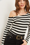 Women's Thick Striped Black Striped Premium Soft Touch Boat Neck Stretchy Blouse Blz- 19002448 - 5