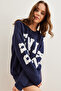 Women's Navy Blue Embossed Printed Oversize Hooded Sweatshirt Swt-19000675 - 4