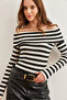 Women's Thick Striped Black Madonna Collar Soft Touch Flexible Blouse Blz- 19002769 - 4