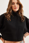 Women's Black Stand Collar Bat Crop Raised Sweatshirt Swt- 19000679 - 4