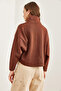 Women's Brown Stand Collar Bat Crop Raised Sweatshirt Swt- 19000679 - 7