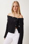 Women's Black Buttoned Low Carmen Collar Knitwear Blouse Fn03377 - 3