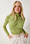 Women's Pistachio Green Ruched Detail Mock Neck Sandy Blouse FF00135