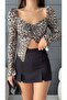 Women's Heart Collar Gathered Leopard Print Long Sleeve Blouse Brown - 3