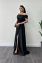 Satin Fabric Gathered Strap Evening Dress - Black - 2