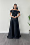 Satin Fabric Gathered Strap Evening Dress - Black