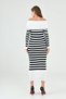 Women's Stretchy Knitwear Fabric Long Sleeve Madonna Collar Midi Length Striped White Knitwear Dress 1160 - 3