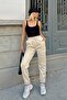 Beige High Waist Women's Sweatpants with Elastic Waistband Inside - 2