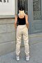 Beige High Waist Women's Sweatpants with Elastic Waistband Inside - 5