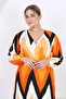 Women's Orange Zigzag Pattern Balloon Sleeve Double Breasted Collar Wrap Maxi Length Dress - 5