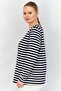 Women Round Neck Long Sleeves Stripe Top, Navy - 2
