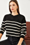 Women's Black Cream Striped Thessaloniki Knitted Sweater 20234526 - 6