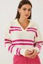 Women's White Fuchsia Polo Collar Striped Knitwear Sweater 20223276 - 7