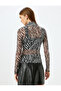 Slim Fit Long Sleeve Stand Collar Zebra Pattern Tulle Transparent T-Shirt - 4