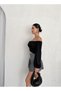 Women's Black Madonna Balloon Sleeve Collar Bottom Cross Gathered Diver Fabric Long Sleeve Crop Blouse - 7