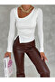 Women's White Asymmetrical Collar Asymmetrical Cut Gathered Diver Fabric Blouse