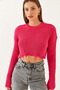 Women's Fuchsia Crew Neck Ripped Detailed Crop Knit Sweater 85001025