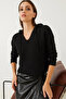Women's Black Hooded Basic Knit Sweater 85001023 - 3