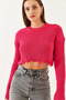 Women's Fuchsia Crew Neck Ripped Detailed Crop Knit Sweater 85001025 - 3