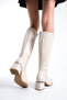 Women's Below the Knee Cream Heeled Shiny Detailed Zippered Leather Look Long Boots - 7