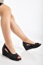 Wedge Sole Open Toe Orthopedic Artificial Leather Black Women's Wedge Heel Shoes - 2