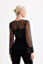 Sleeveless and Front-Back Bottom Sequined Sleeves and Front-Back Top Tulle Long-Sleeved Evening Dress Blouse |   Blz35741 Black - 5