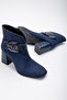 Suede Metal Belted Navy Blue Women's Heeled Boots