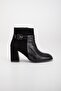 Suede and Crocodile Leather Small Belted Black Women's Thick Heeled Boots - 3