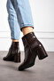 Brown Crocodile Zipper Detailed Comfortable Women's Heeled Boots - 5