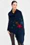 Women's Knitted Floral Embroidered Tassel Shawl Navy Blue - 5