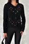 Women's Black Standard Size Buttoned Openwork Embroidered Knitwear Cardigan