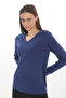 WOMEN'S DARK BLUE V-NECK LONG SLEEVE 100% COTTON INTERLOCK T-SHIRT S-112