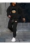 Men's Hip Hop Printed Bottom Top Black Gray Hooded Tracksuit Set Oversize Boyfirend