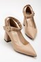 Faux Leather Nude Women's Chunky Heel Shoes Stiletto with Ankle Elastic Band