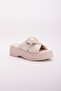 Large Buckle Thick Sole Skin Beige Women's Wedge Heel Slippers - 4