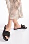 Black Women's Slippers - Knitted and Stone Detailed, Flat Sole - 2