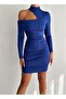 High Neck Triangle Chest and Back Cut-Out Thick Stripe Detailed Side Drawstring Long Sleeve Diver Mini Dress - 4