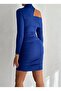 High Neck Triangle Chest and Back Cut-Out Thick Stripe Detailed Side Drawstring Long Sleeve Diver Mini Dress - 5
