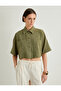 Crop Oversize Shirt Viscose Linen Blended Buttoned Short Sleeve Pocket - 3
