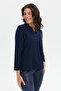 Women's Polo Collar Sweater with Side Slits, Dark Blue - 3