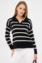 Women's Black Striped Polo Neck Knitwear Sweater Arm-22Y012006