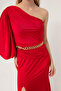 Women's Red One-Shoulder Chain Long Evening Dress - 4