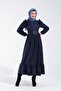 2254_Women's Nubuck Burning Pattern Shoulder Ruffle and Belt Buckle Detail Crew Neck Long Flared Dress - 6