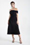 Women's Black Boat Neck Midi Evening Dress