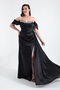 Women's Black Tight Fit Boat Neck Slit Long Plus Size Satin Evening Dress